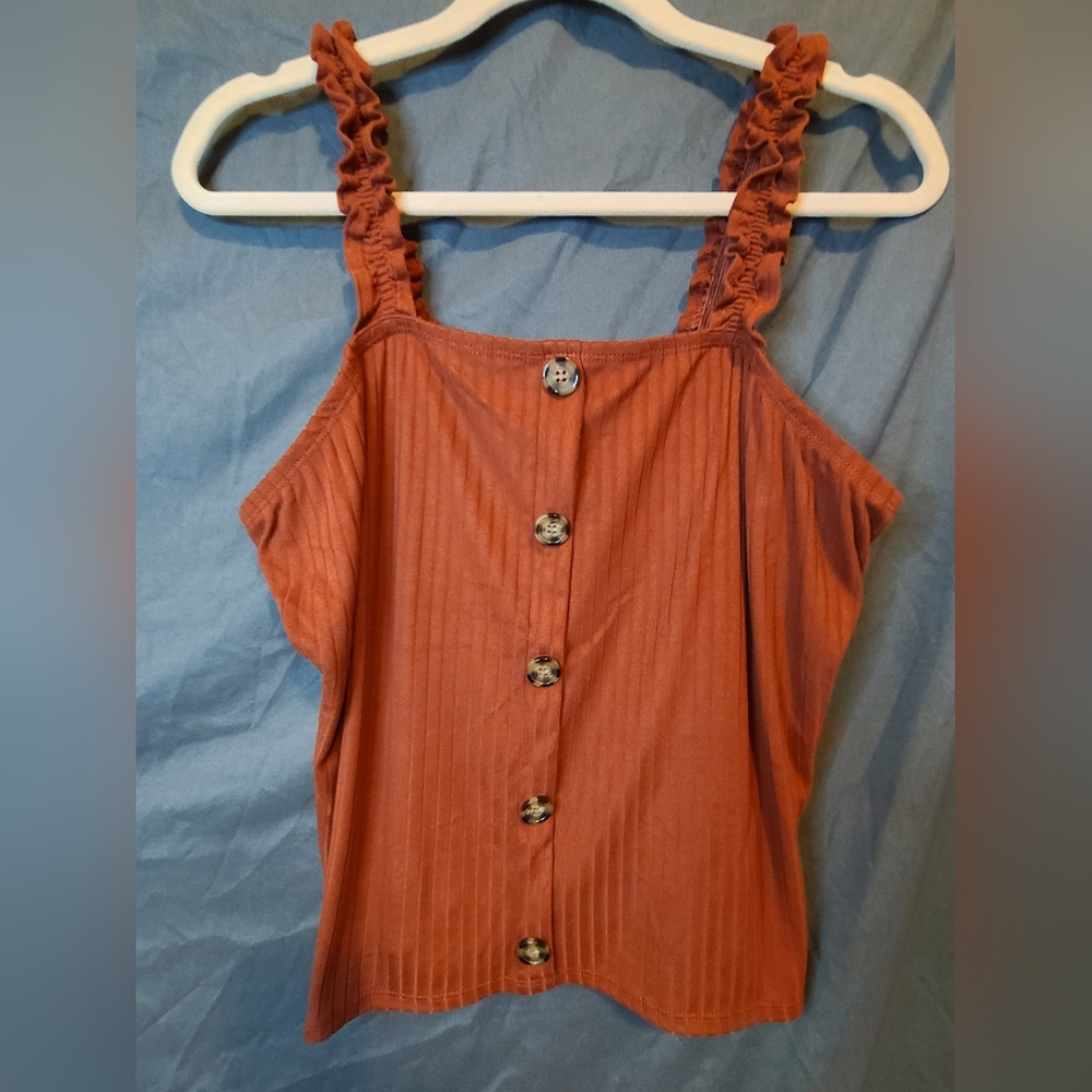 No Boundaries Rust Colored Spaghetti Strap Crop Top with Button Accent